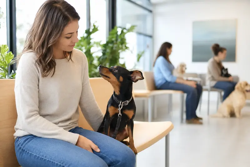 Ein ruhiger Minidoberman sitzt neben seinem Besitzer in einem hellen, modernen Wartezimmer einer Tierarztpraxis.